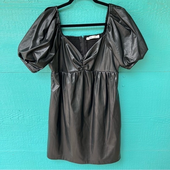 VEGAN LEATHER BABYDOLL MINI DRESS WITH POCKETS SIZE MEDIUM BLACK - Picture 5 of 11